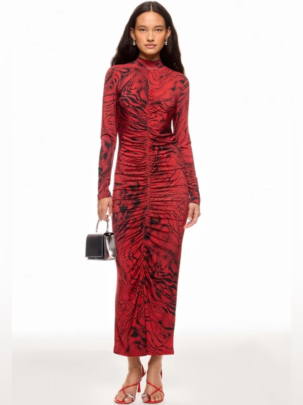 Untitled in Motion Alonia mock neck ruching silky jersey dress in Zora red L nwt